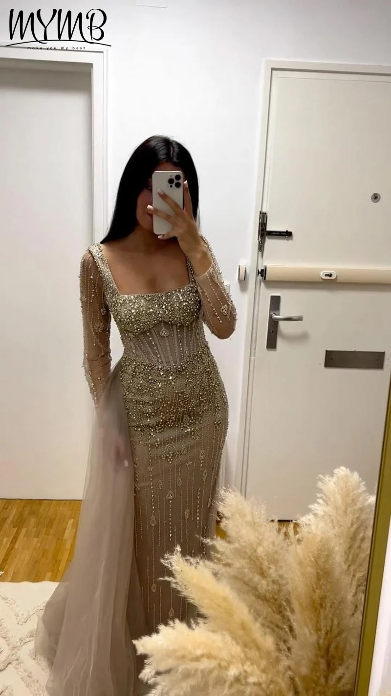 

MYMB Champagne Mermaid Stunning Beaded Women Wedding Party Gowns Arabic Modest Long Sleeves Overskirt Evening Dresses MB20017