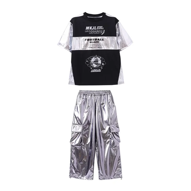 Jungen Hip Hop Patchwork T-shirt Silber Street Dance Cargo Hosen Mädchen Pailletten Streetwear Kinder Jazz Kleidung Kinder Bühne Kostüm