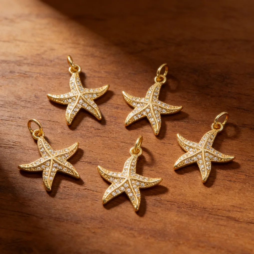 

4 шт. подвески-шармы в виде морских звезд с позолотой и кубическим цирконием для изготовления ювелирных изделий своими руками, аксессуары для ожерелий и браслетов для женщин и мужчин