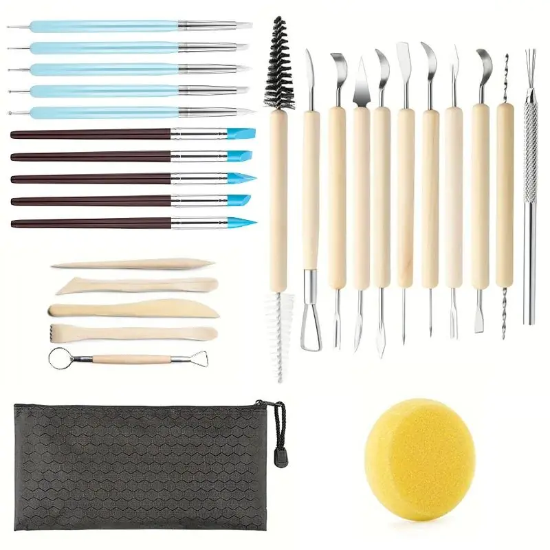 Silicone Clay Sculpting Tool Set for Brush Modeling Ceramic Dotting 2-Sided Pottery Clay Tool DIY Wooden Carving Sculpting Tools