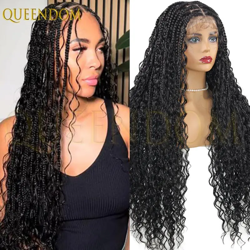 الاصطناعية طويلة البوهيمي صندوق شعر مستعار مضفر للنساء السود كامل مزدوج الدانتيل الجبهة مضفر كورنو صندوق تويست الباروكات مع شعر الطفل