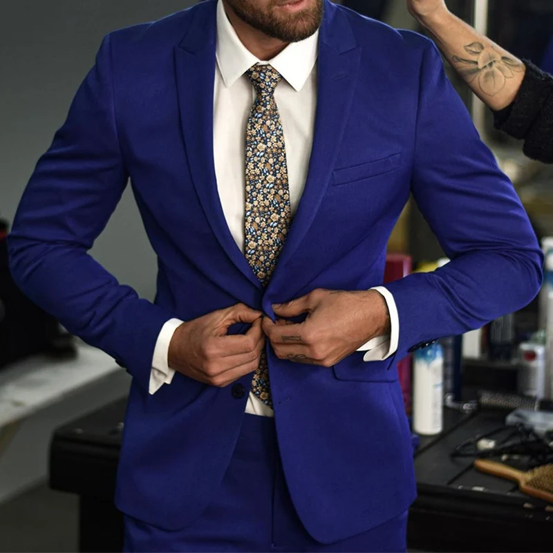 

2 Piece Slim Fit Men Suit For Wedding Royal Blue Custom Groom Tuxedo With Peaked Lapel Man Fashion Set Jacket +Pants