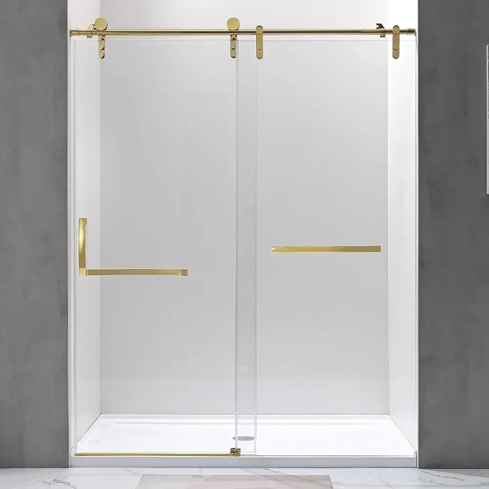 

Gold Frameless Sliding Shower Door with Additional Towel Bar, 56-60.in W x 75.in H Shower Glass Door (8mm) Clear Tempered Glass