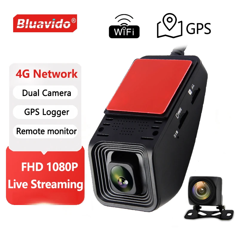 Bluavido 4g mini câmera traço com frente + dentro cam gravação 24h estacionamento wi fi monitor ao vivo caixa de gravador vídeo do carro gps posição