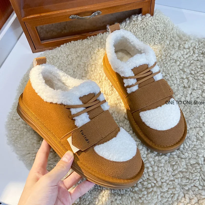 Furry Flats Women Suede Round Toe Solid Color Hook & Loop Lace-Up 2024 Winter Ladies Warm Shoes Handmade Zapatos De Mujer