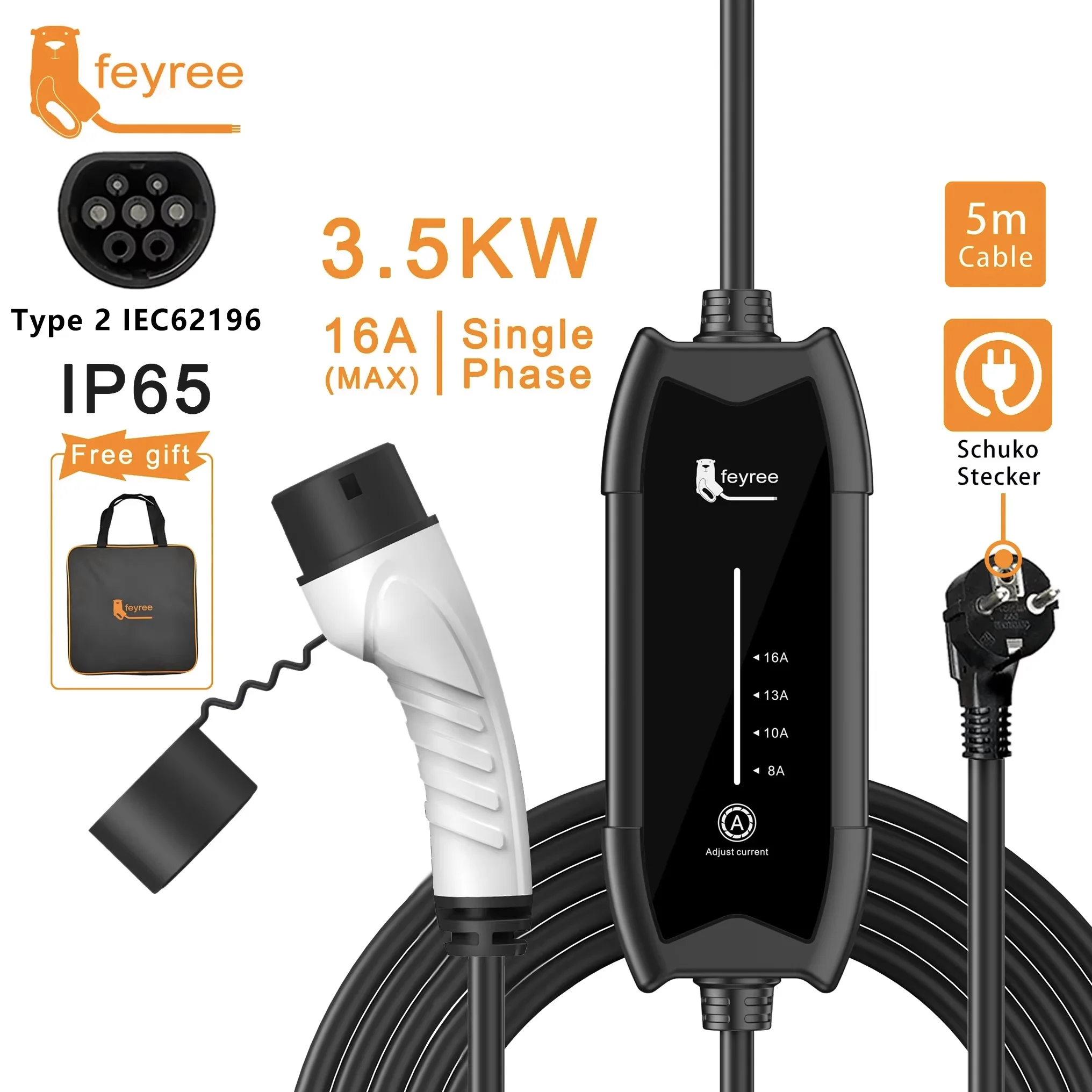 feyree Typ2 3,5 kW 16 A 1-Phasen-EV-Ladegerät, tragbare Ladebox, stromverstellbar, 5 m Kabel, Ladestation für Elektrofahrzeuge