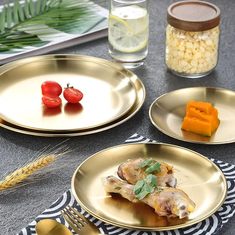 Stainless Steel Metal Dining Disc Round Bone Spitting Dish High Quality Shallow Tray Gold Silver Fruit Meat Tableware