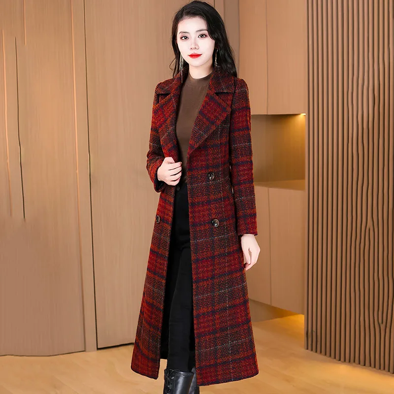 

Suit-Style Woolen Jacket Women Overcoat Fall Winter 2023 New Plaid Wool Windbreaker Outwear Slim Long Double-Sided Cashmere Coat