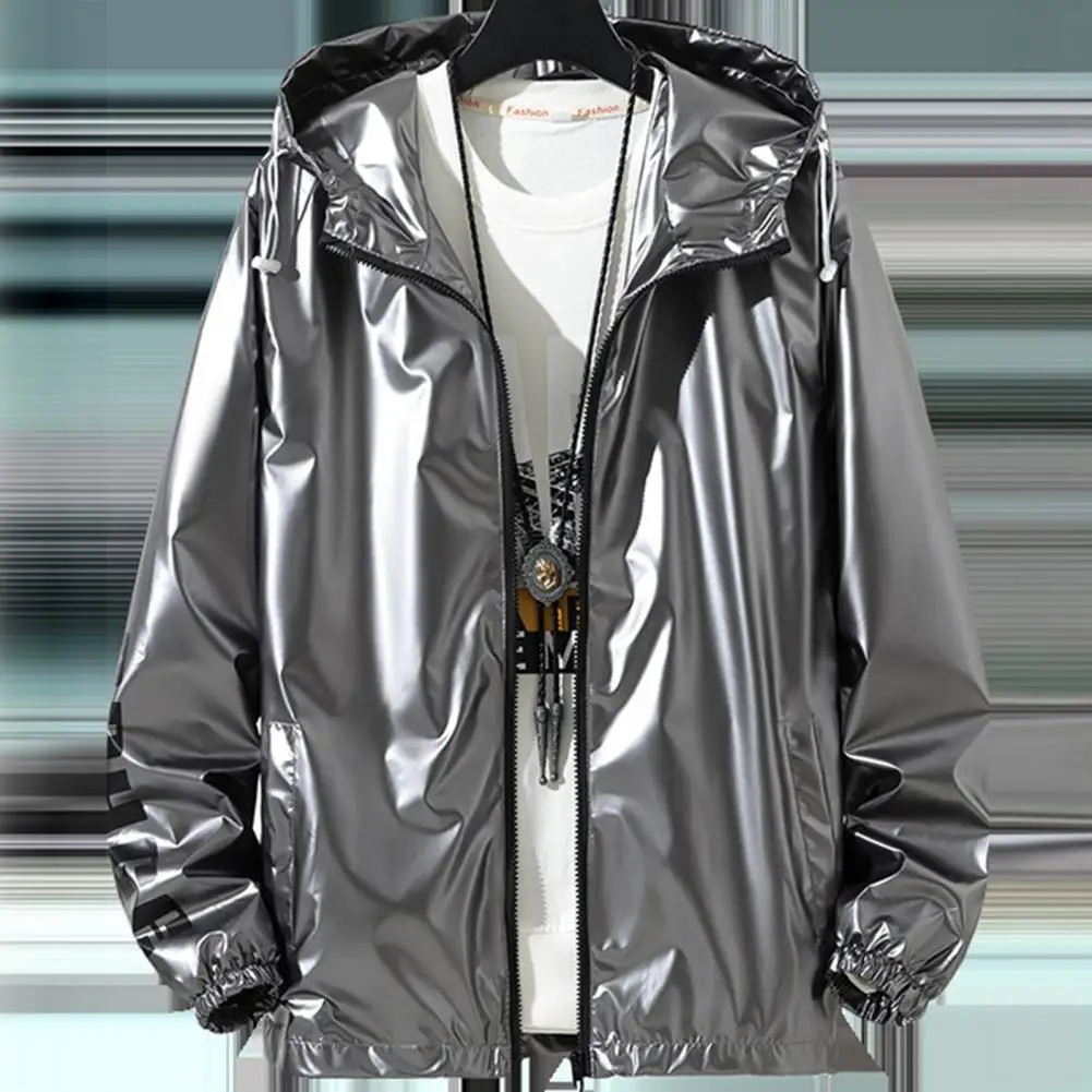 

Drawstring Hem Jacket Men Shiny Outerwear Men Youth Shiny Glossy Hooded Jackets with Adjustable for Teenagers for Spring