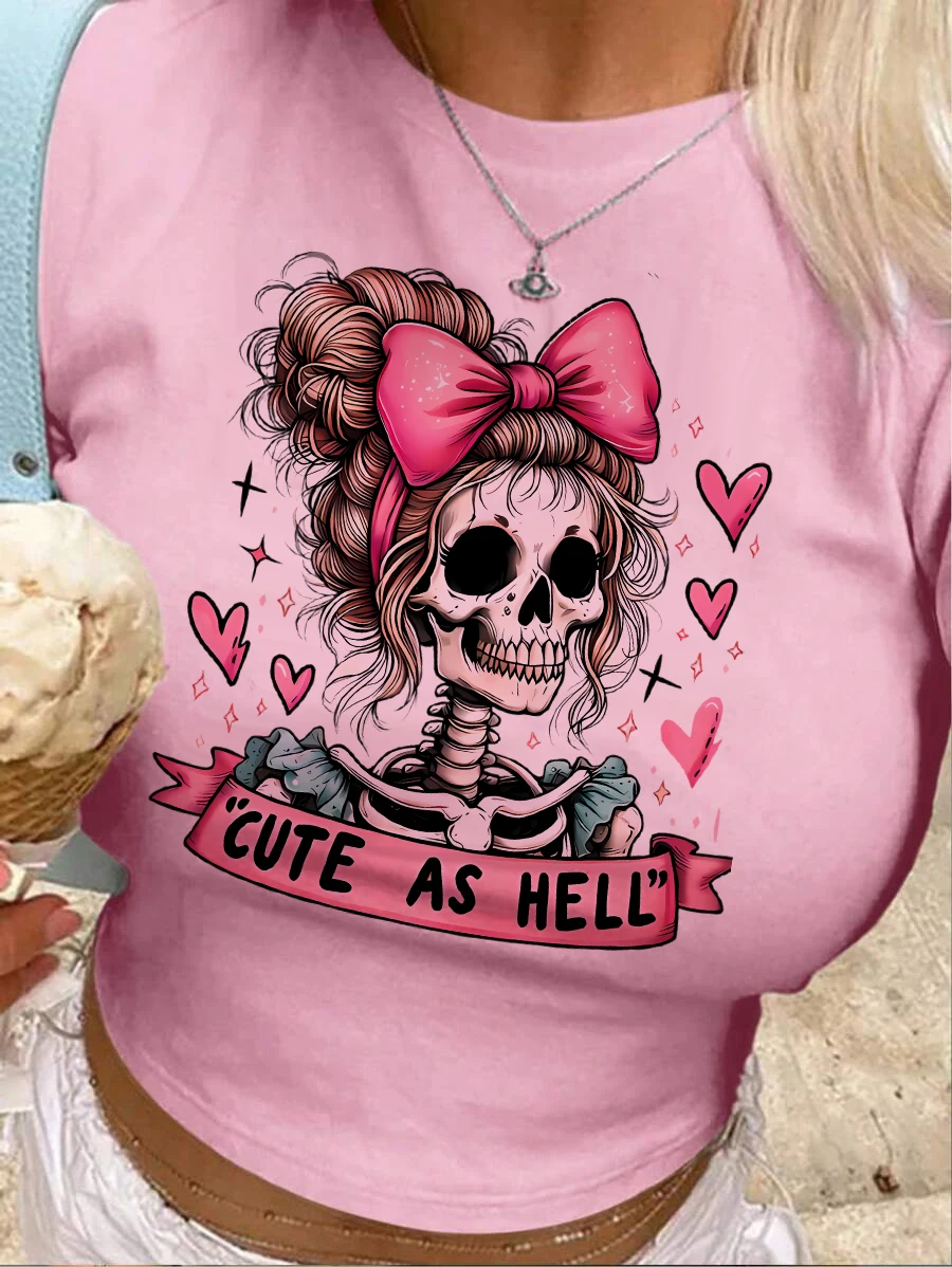 2025 Stern Liebe Herz Schädel Druck Gestellte Rundhals Kurzarm Crop Top T Shirt frauen Print Shirt T-shirt Sexy