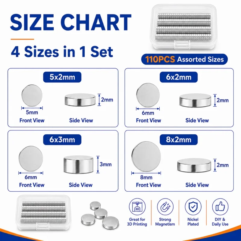 110-teiliges 3D-Druck-Magnet-Set, 5 x 2 mm/6 x 2 mm/6 x 3 mm/8 x 2 mm, leistungsstarker runder Magnet für den 3D-Druck, vielseitig einsetzbar für Kühlschrank, Heimwerken, Basteln – Detail 5