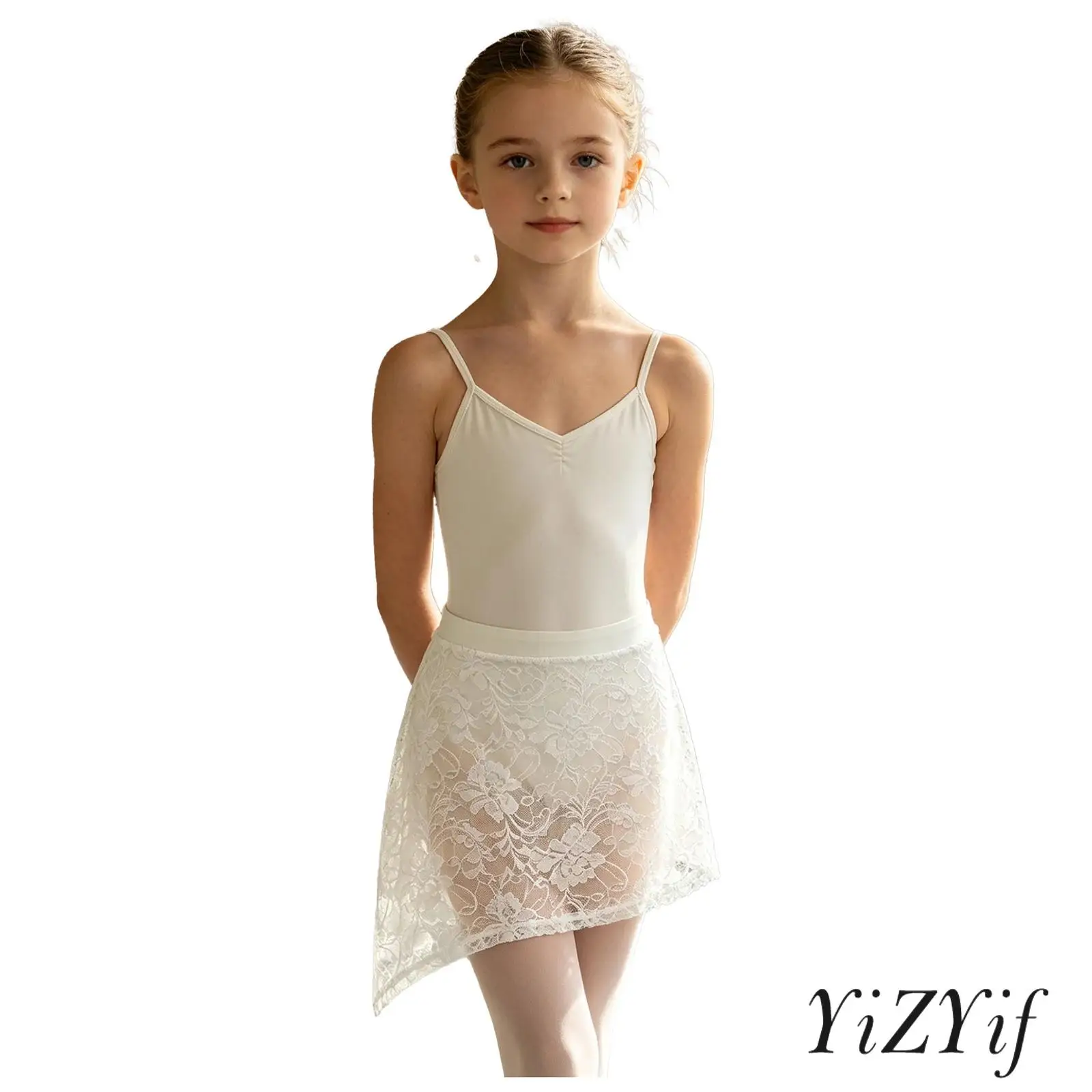 

Children Ballet Yoga Leotard Skirt Lace Trim Elastic Waistband Side Split Skirt for Lyrical Dance Practice Rehearsal Performance
