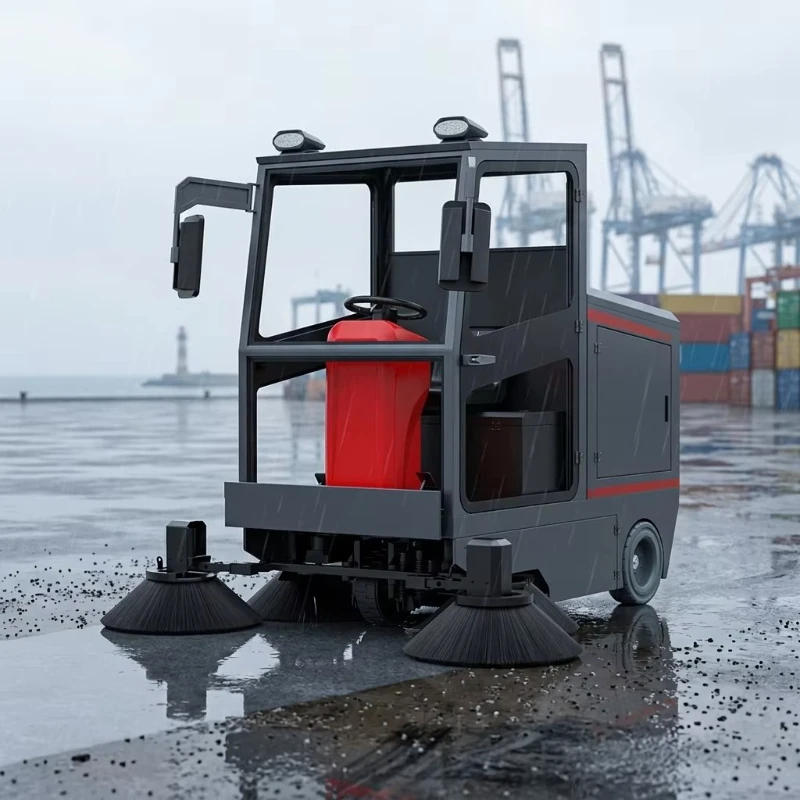 Fully Enclosed Cabin Rechargeable Lithium Floor Sweeper Full Wind Shield All Weather Factory Yard Cleaner
