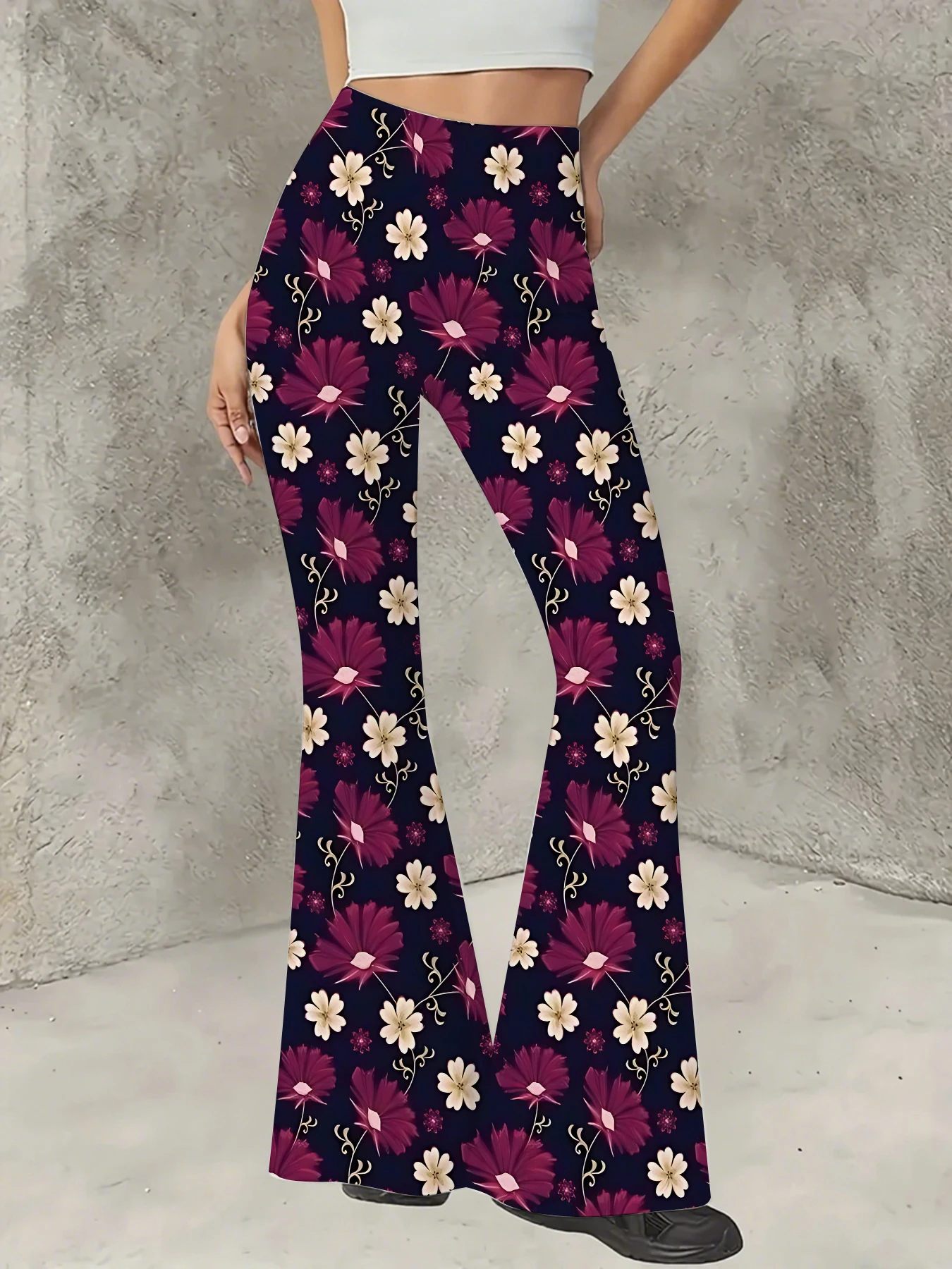 

Y2K Graphic Print Flare Pants Women High Waist Knit Bell Bottom Trousers