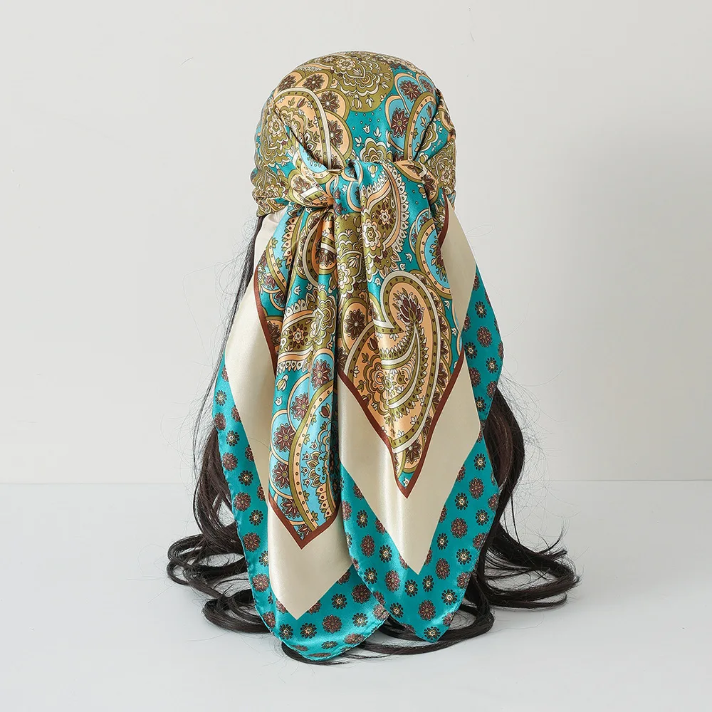 Square Silk Imitation Scarf Women Print Shawl Warps Elegant Neckerchief Bandanas Hijab Soft Stain Ladies Scarf Fashion 90X90cm