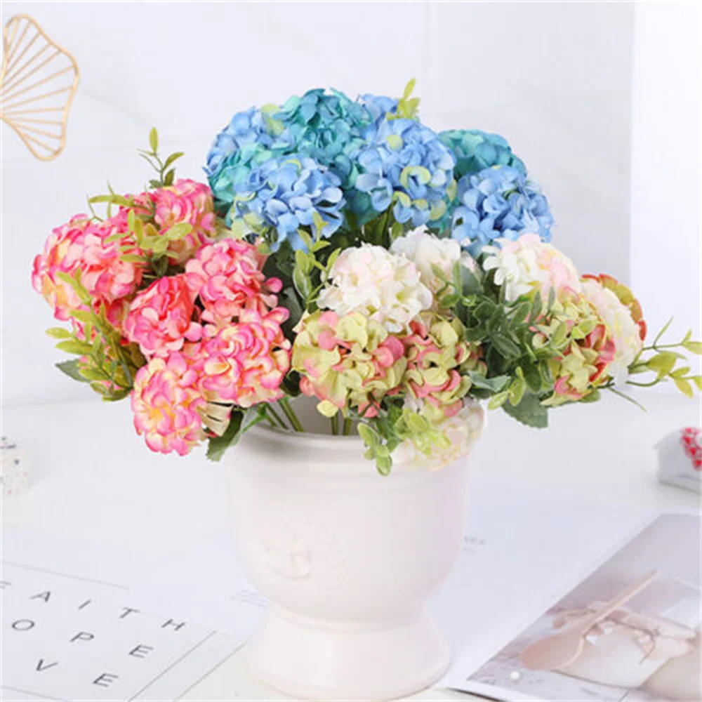 5 Head Hydrangea Artificial Flowers Bouquet Colors Small Silk Fake Flowers Floral Faux Flowers Blue DIY Party Wedding Home Decor