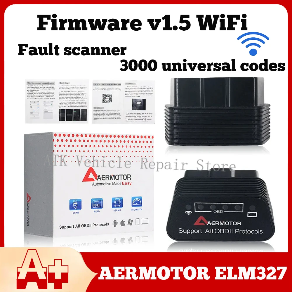 2024 WIFI diagnostic fault code AEROMOTOR ELM327 firmware v1.5 OBD plug display sensor data connection car fault scanner reads