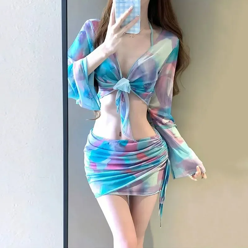

Сексуальный купальник Pure Desire Style из четырех предметов с эффектом тай-дай и сетчатыми вставками, с длинным рукавом, для женщин, с низким вырезом, для горячих источников