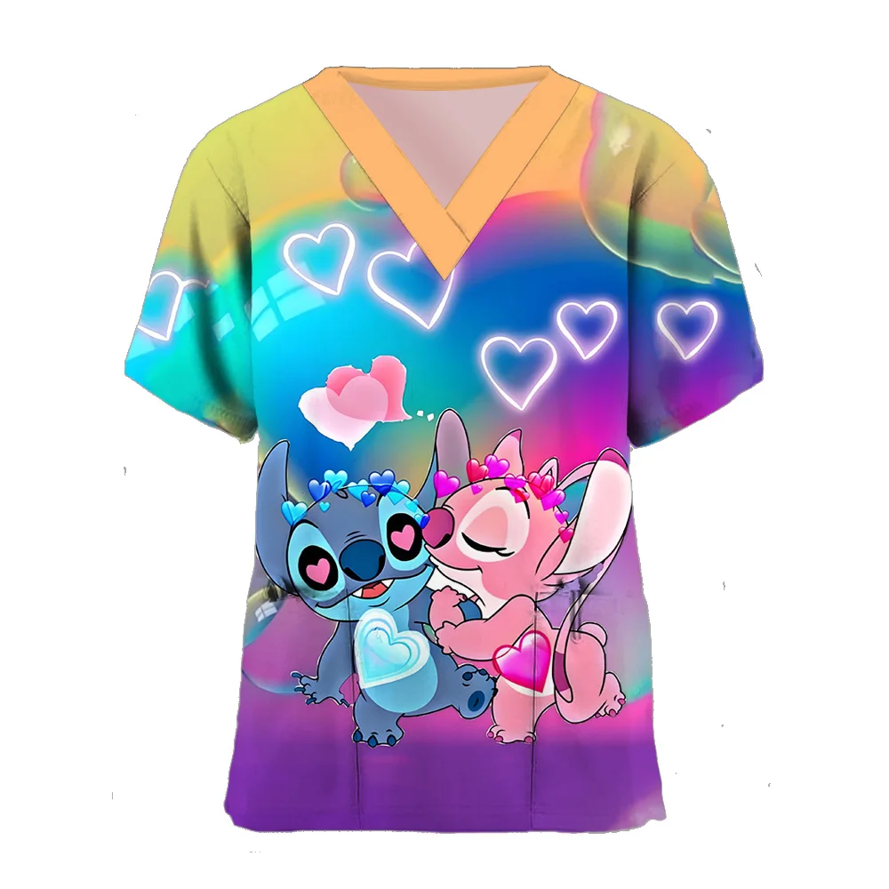 2024 Lady Short Sleeve Disney Stitch V Neck Nurse Uniform T-shirt For Girls Women's Hospital Wear T Shirts Woman Pocket Clothes