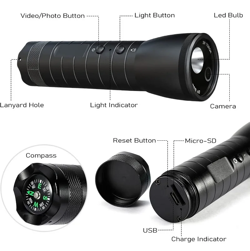 Strong light flashlight recorder, long battery life, waterproof sports camera, photo and video, outdoor riding camera