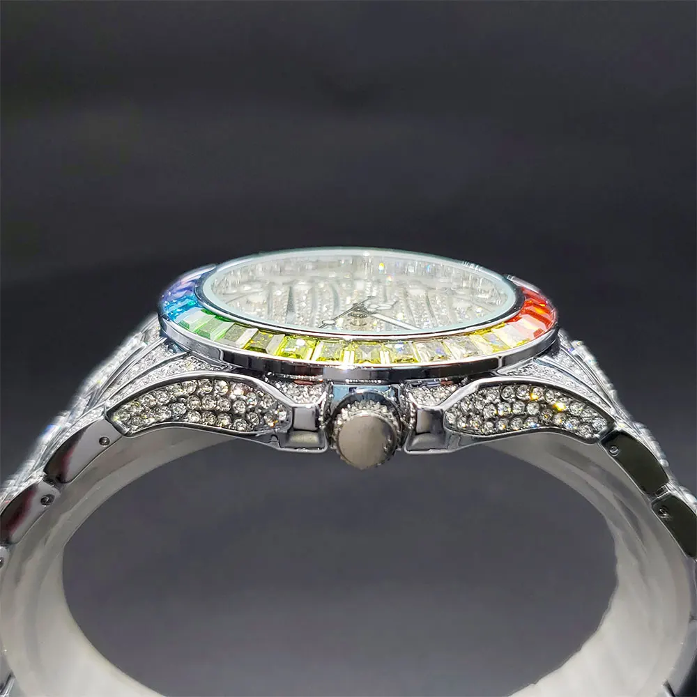 Quartz Men's Watch With Colorful Diamond Watches Luminous Hand Waterproof Calendar Wristwatches For Men Luxury Dropshipping