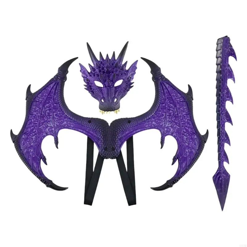 H58E Dragon Costume for Kids, Dragon Wing Tail Mask Zestaw Halloween Dinosaur Cosplay