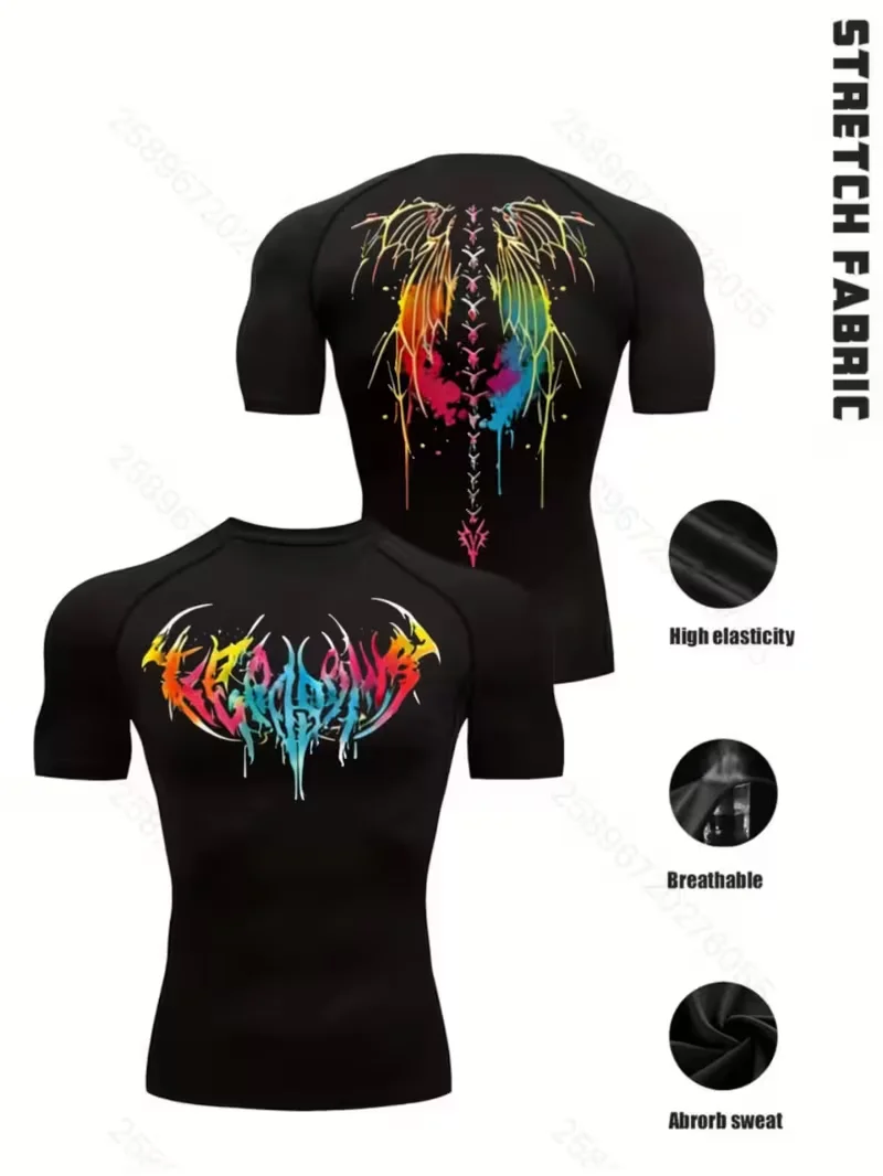 Eng anliegendes, schnelltrocknendes Herren-Sport-T-Shirt mit trendigem Design-Print, hochelastisches Kompressions-T-Shirt mit kurzen Ärmeln.