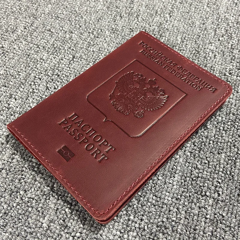 Funda de cuero genuino para pasaporte ruso, tarjetero de cuero Crazy Horse, funda de viaje