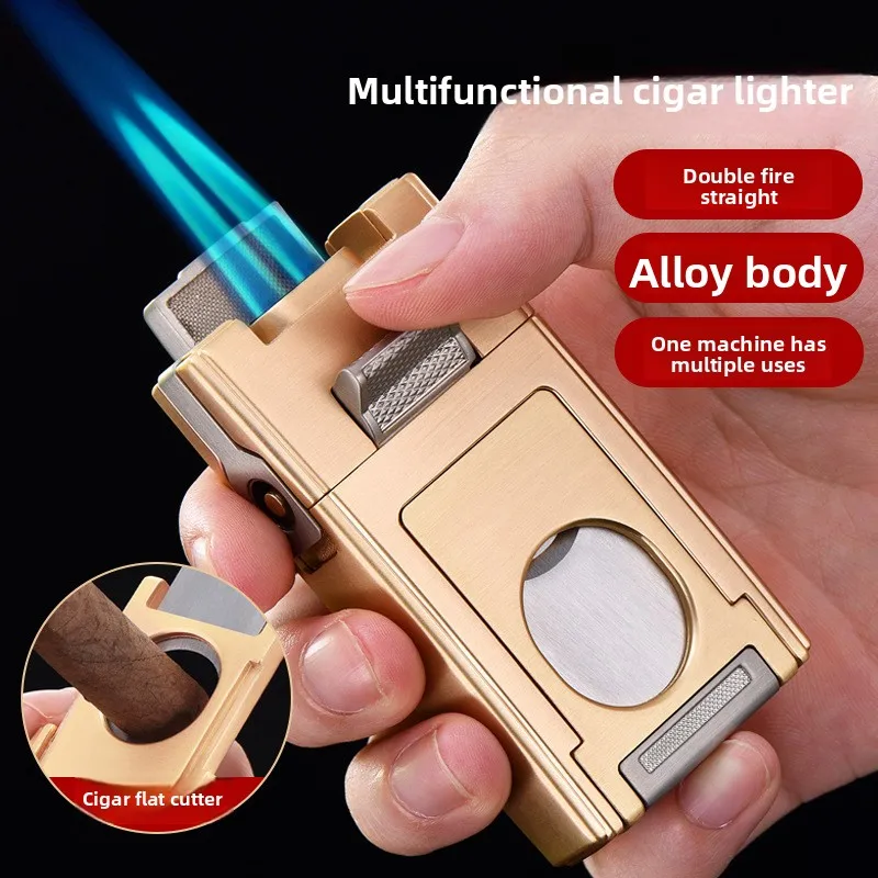 Metal Pull Cigar Diamond Windproof Double Straight Blue Flame with Transparent Visible Windows Portable Cigar Lighter Men's Gift