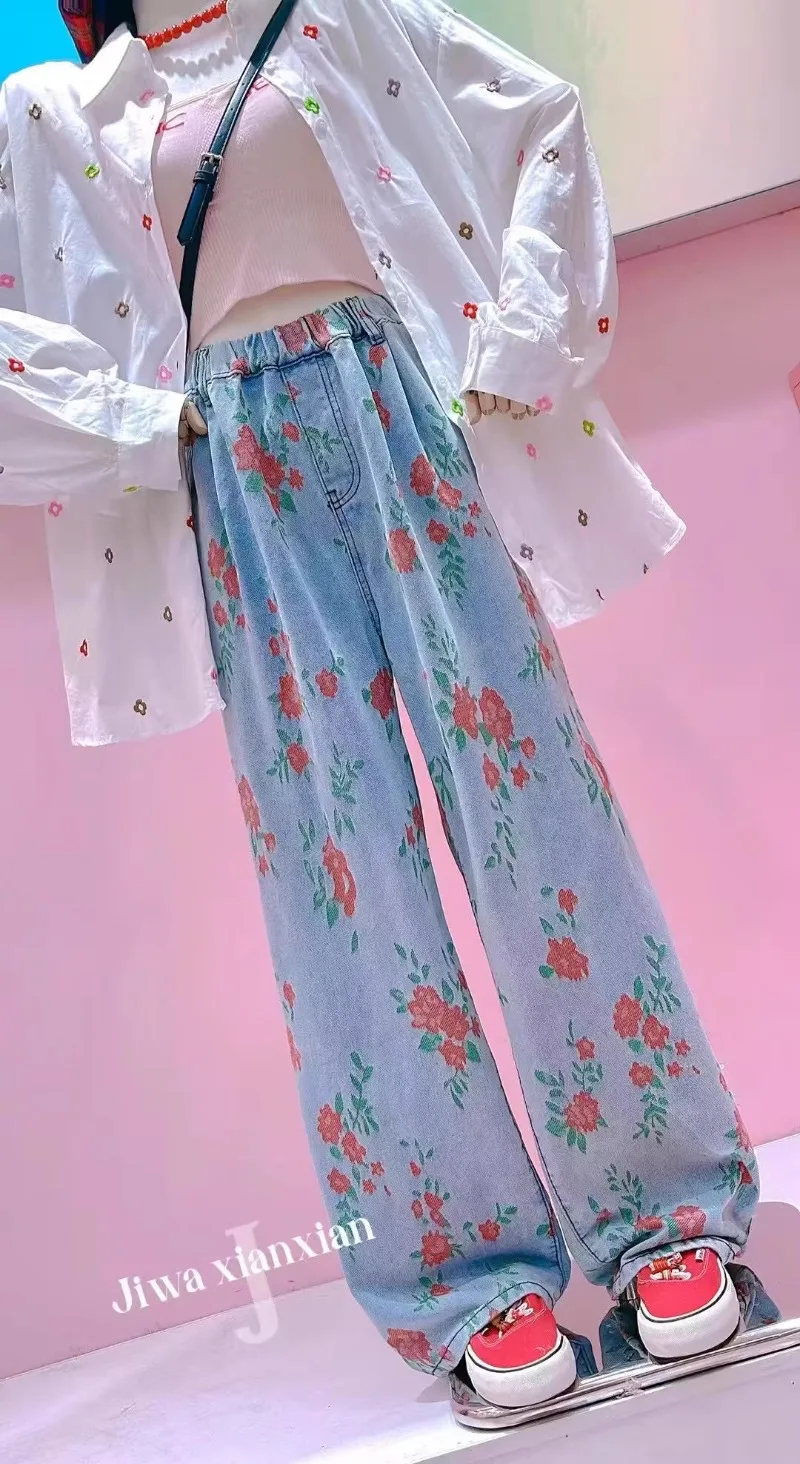 Autumn Jeans 2024 New Flower Spring And Autumn Casual Loose Long Pants Women's Clothing High-waisted Blue Baggy Denim Trousers