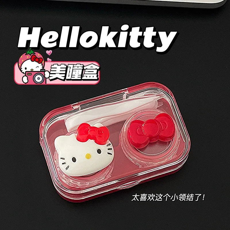 New HelloKittys Contact Lens Case Transparent Red Cartoon Kawaii Portable Nearsighted Contact Lens Case Girl Travel Gifts