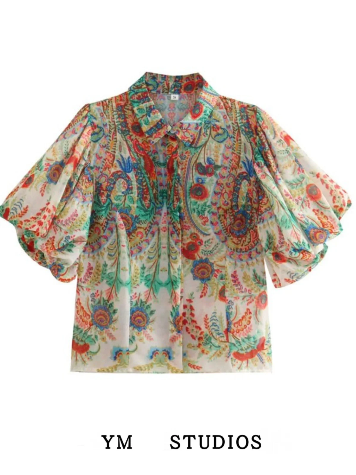 Women's  Collar Bubble Sleeve Printed Chiffon Loose Sun Protection Shirt Thin Top Street Style Short Sleeve Summer Fashion