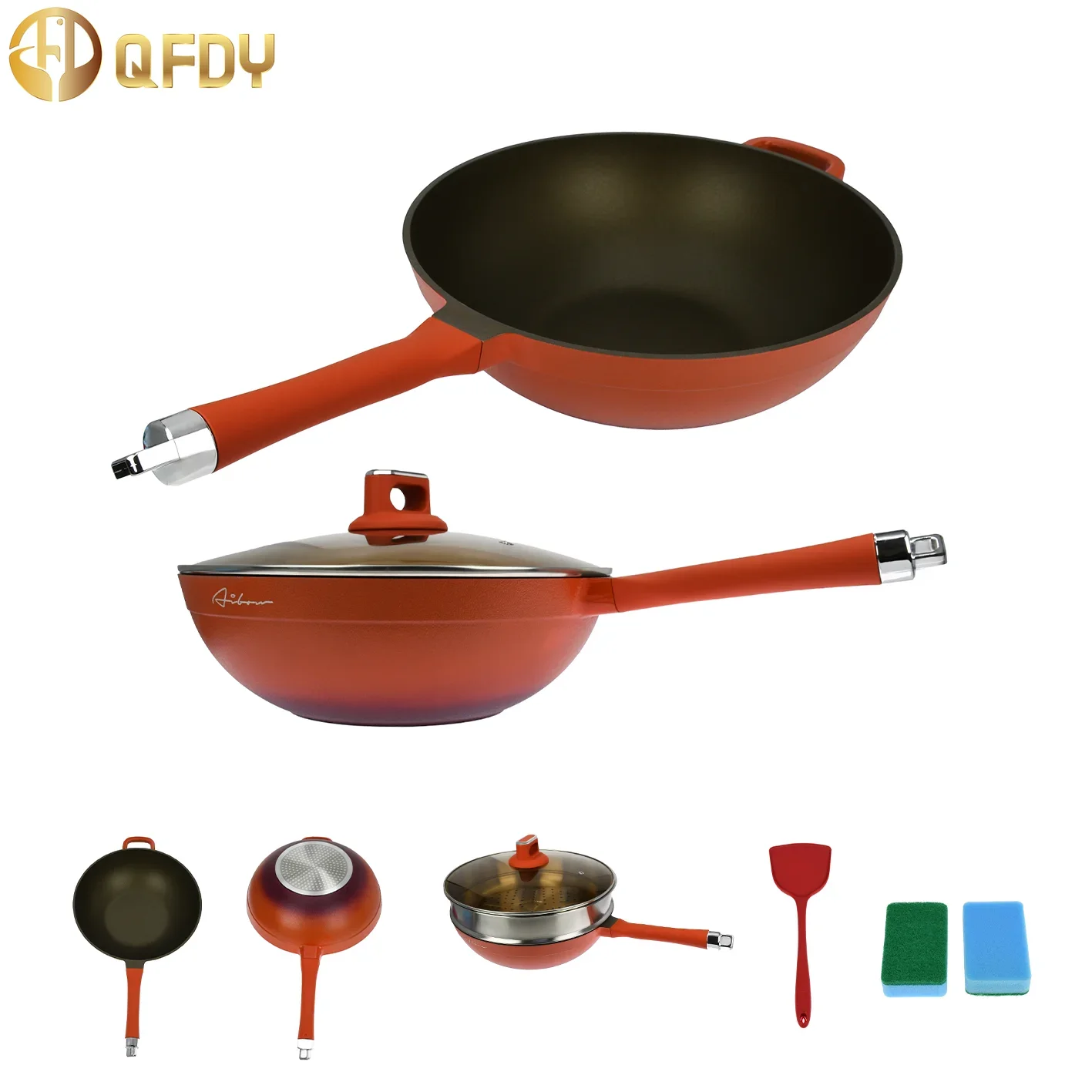 Hermes Orange Cookware Titanium gold frying pot non-stick household die-casting integrated pan titanium pan Compatible AllStoves