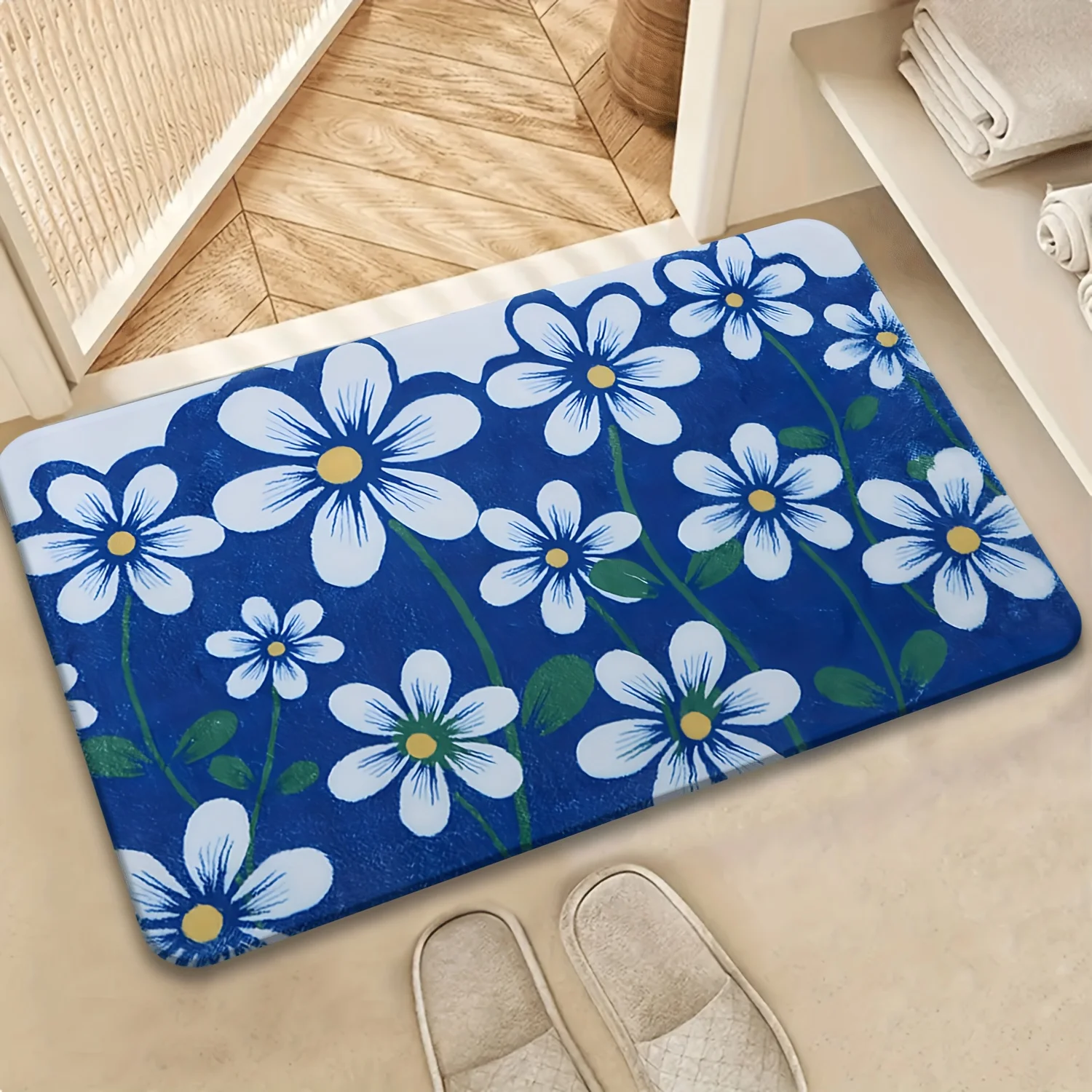 1pc Blue floral patterned rug, made of polyester fabric, machine washable, suitable for bedroom and living room décor.