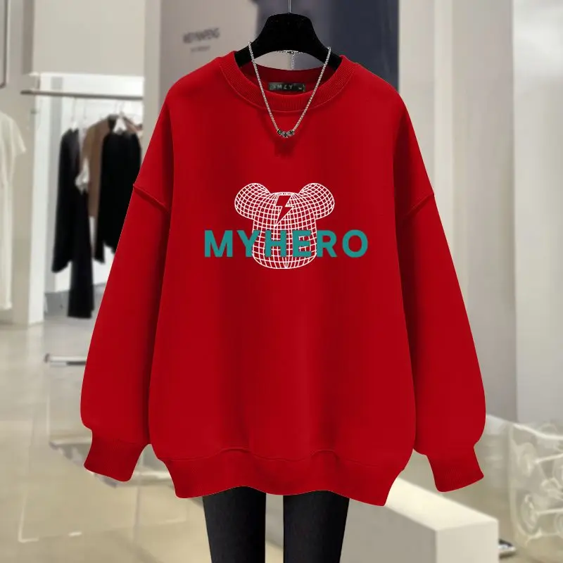 Women Clothing Fashion Cartoon Printed Sweatshirts Autumn O-neck Loose Casual Long Sleeve Hoodies Y2K Chic Solid Top Pullovers