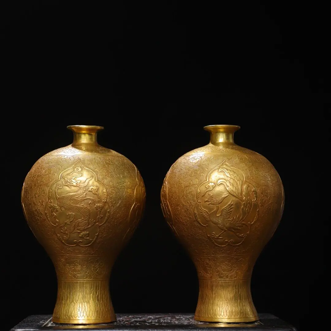 Pure Brass Gilt Dragon Phoenix Vase Pair Antique Four Divine Beasts Home Decor Tabletop Ornament