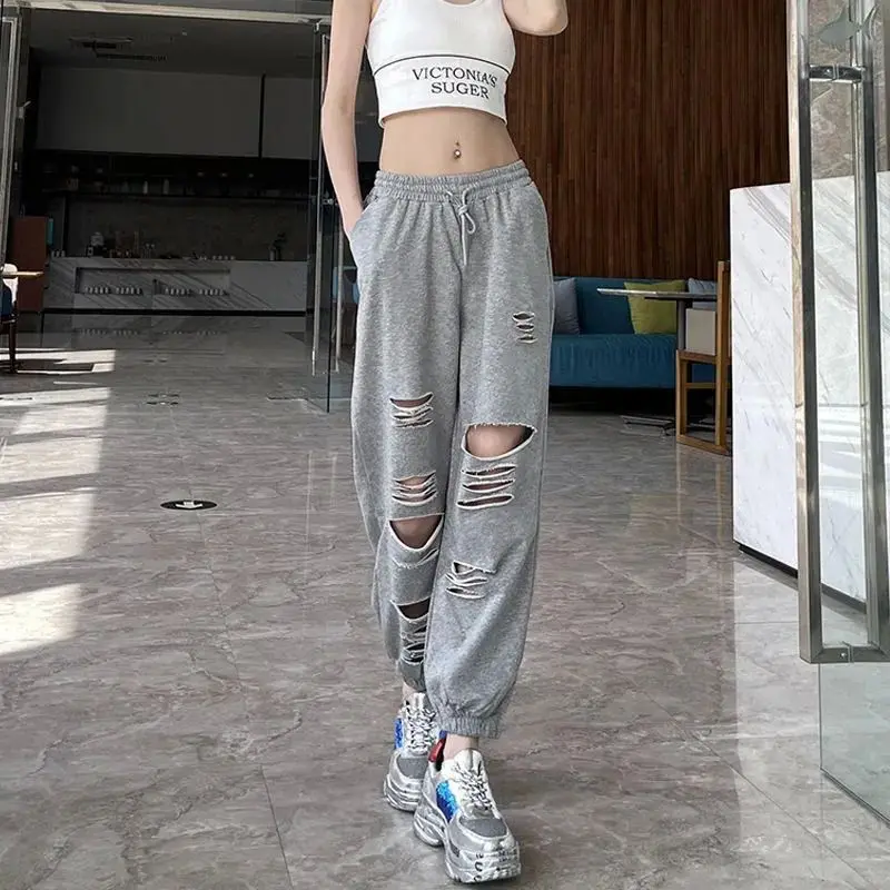 

High Waist Casual Women's Sweatpants Perforated Hole Design Street Sle Long Wide Leg Pants Autumn Collection 2023
