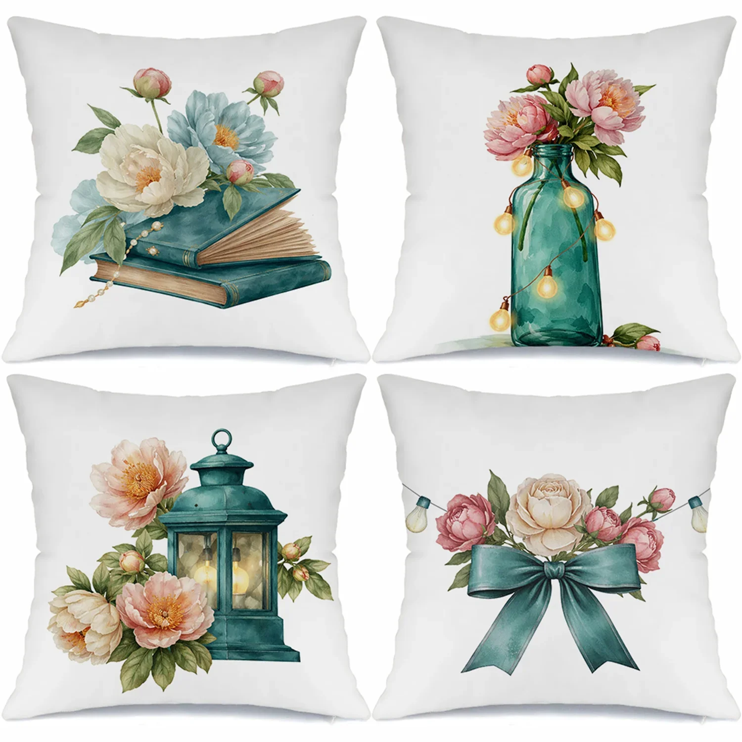 Four-Piece Throw Pillow Set Featuring Watercolor Floral Bouquets, Vintage Books, and Fairy Lights Decor