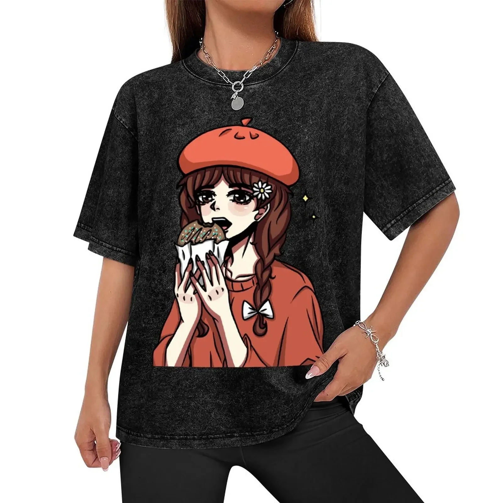 Anime style girl holding a cookie in her hands. On her head is a red beret, chamomile and a white bow on her pigtail. T-Shirt