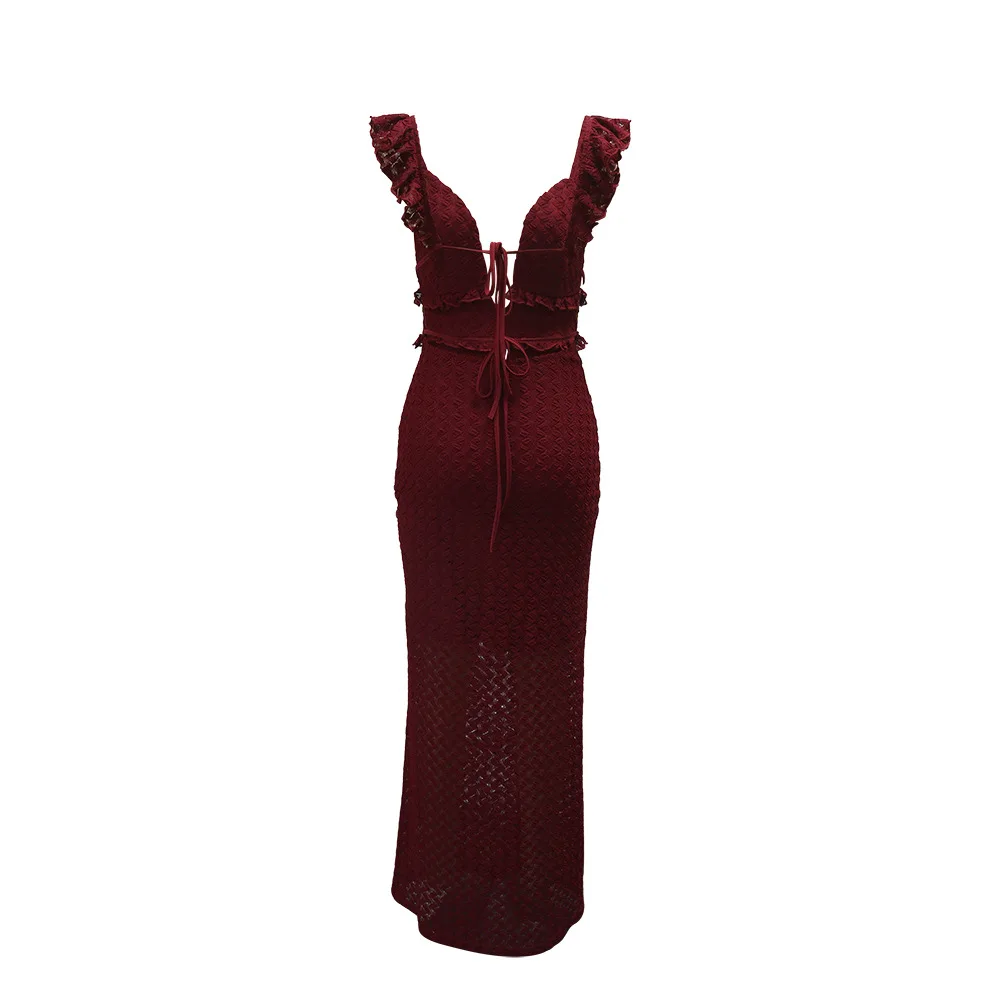 Double Deck Dress Woman Hollow Ruffles Summer Backless Straps Solid Lace Tierred Chic Elegant Party Skinny Vestidos