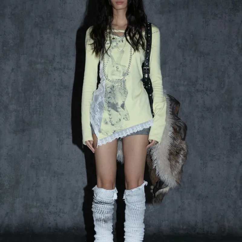 

Vintage Animal Print Irregular Long-sleeved T-shirt Women 2025 Autumn New High Street Contrast Color Lace Patchwork Casual Tops