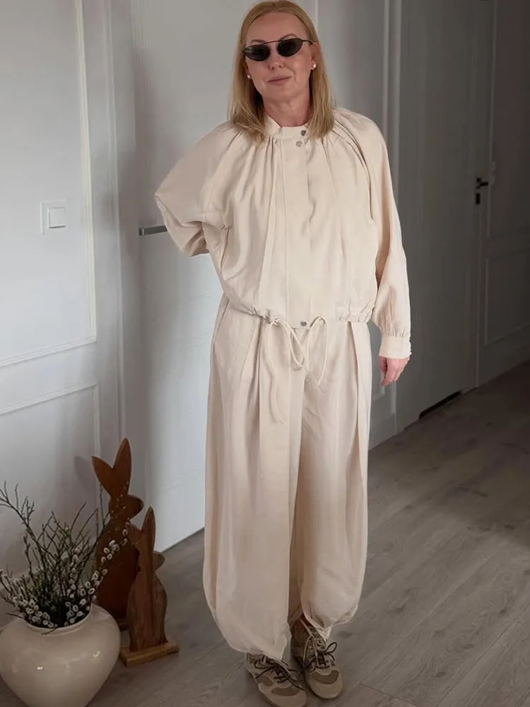 Übergroße Laternenärmel-Mantel-Hosen-Sets für Damen, Streetwear mit Kordelzug, Plissierte Jacken, Laternenhosen, Schicke Damen-Outfits in Unifarben und Loser Passform – Detail 4