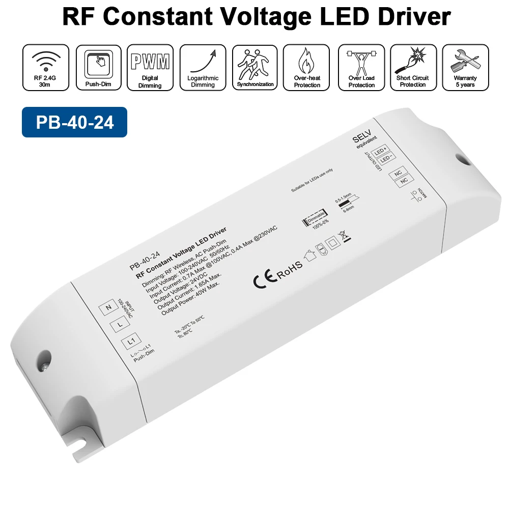 DC12V 24V 40W RF Dimmable LED Pilote Push-Dim LED Contrôleur LED Alimentation Avé AC100-240V D'entrée