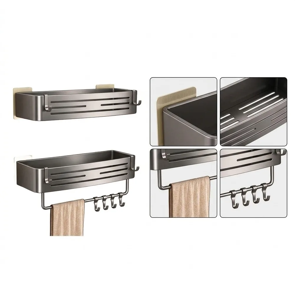 No Drill Rustproof Aluminum Bathroom Shelf with Hollow Drain Basket Towel Holder and Four Movable Hooks for Functional Storage