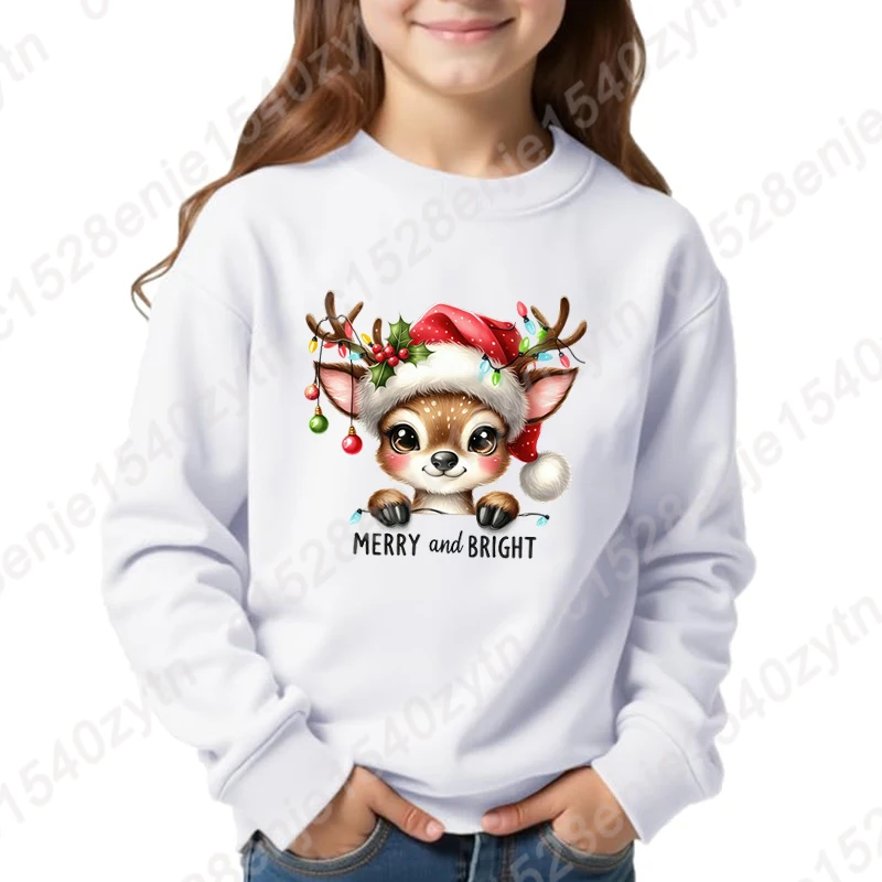 Christmas Light Reindeer Merry And Bright Print Pullovers Round Neck Kids Boys Girls Hoodless Sweatshirt Long-sleeved Sweatshirt