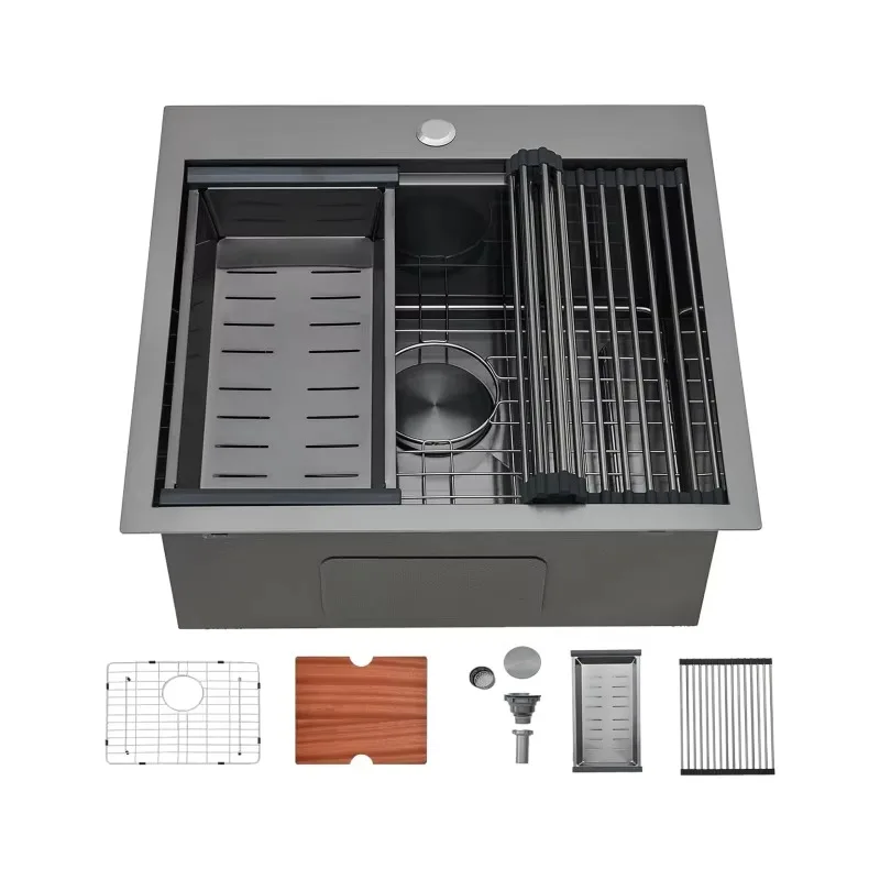 Black Drop in Kitchen Sink Gunmetal Black Undermount 16 Gauge Stainless Steel Single Bowl Workstation  Small Kitchen PX