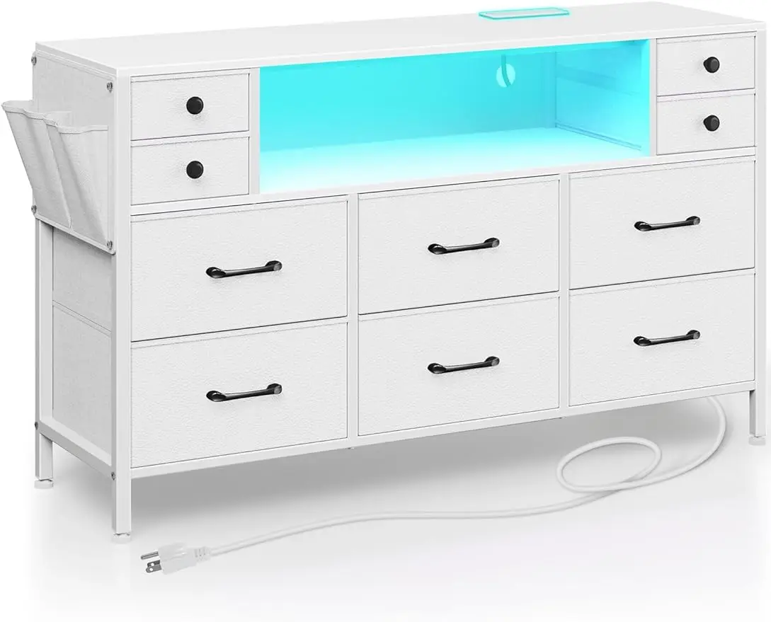 

10 Drawers Dresser w/ Power Outlets & LED Lights,Fabric Chest of Drawers w/ Side Pocket,Small Dresser w/ Sturdy Frame & Wood Top