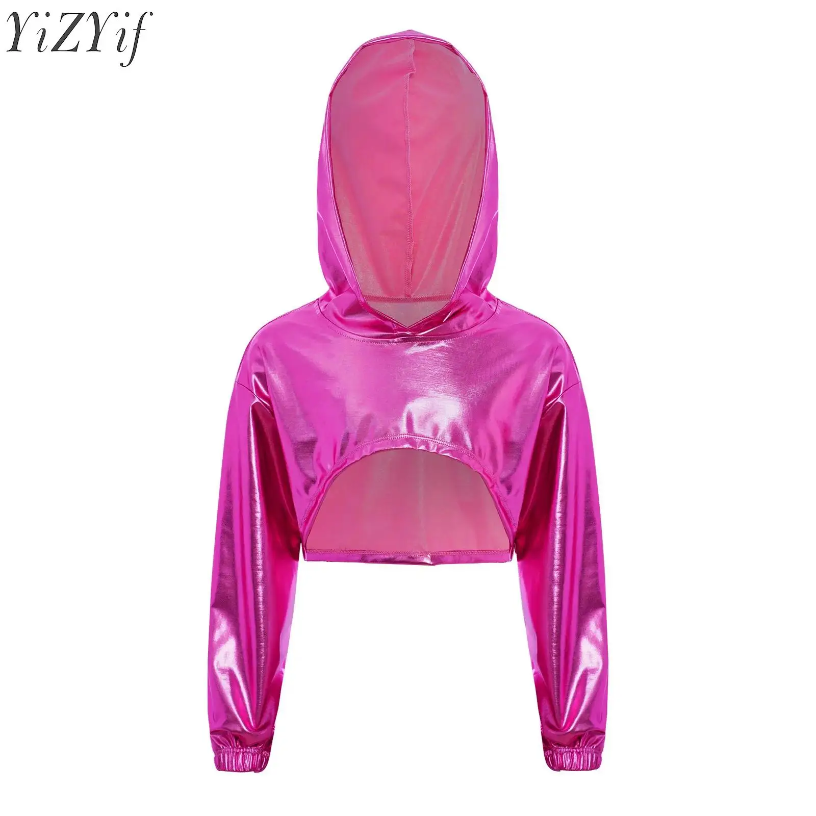 

Jazz Hip-hop Dance Tops for Kids Girls Metallic Crop Top Hoodie Long Sleeve Cropped Hooded Top Street Wear Athletic T-Shirts