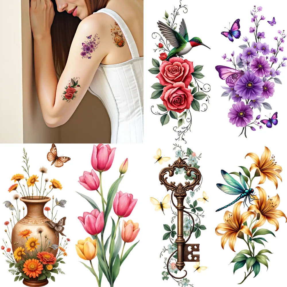 

9pcs Temporary Tattoo Colorful Mixed Bouquet Colorful Florals Pink Roses For Arms Male Back