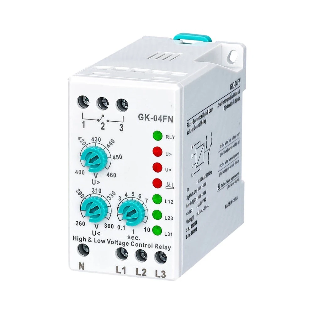 GK-04FN Adjustable Voltage Relay for 3x380V AC + Neutral Systems Featuring Overvoltage Undervoltage and Phase Loss Detection